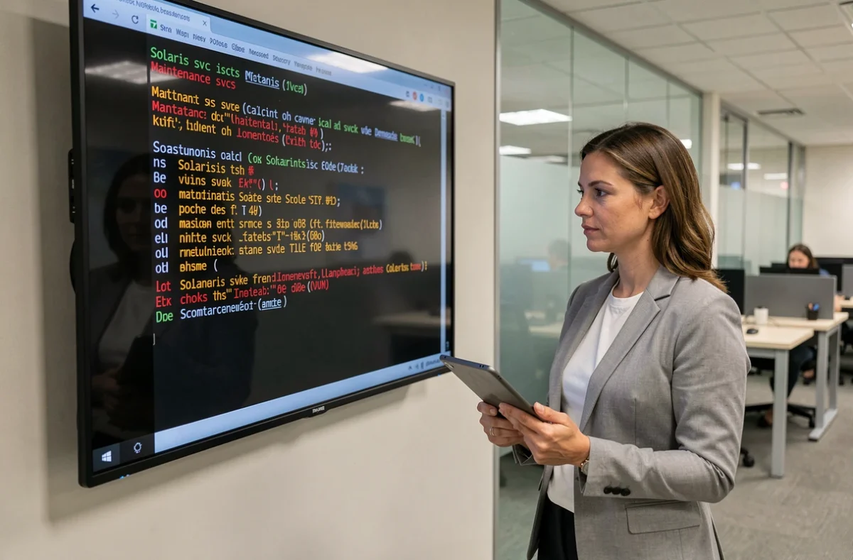 Ingénieure informatique examinant les services en maintenance sous Solaris sur un écran de supervision