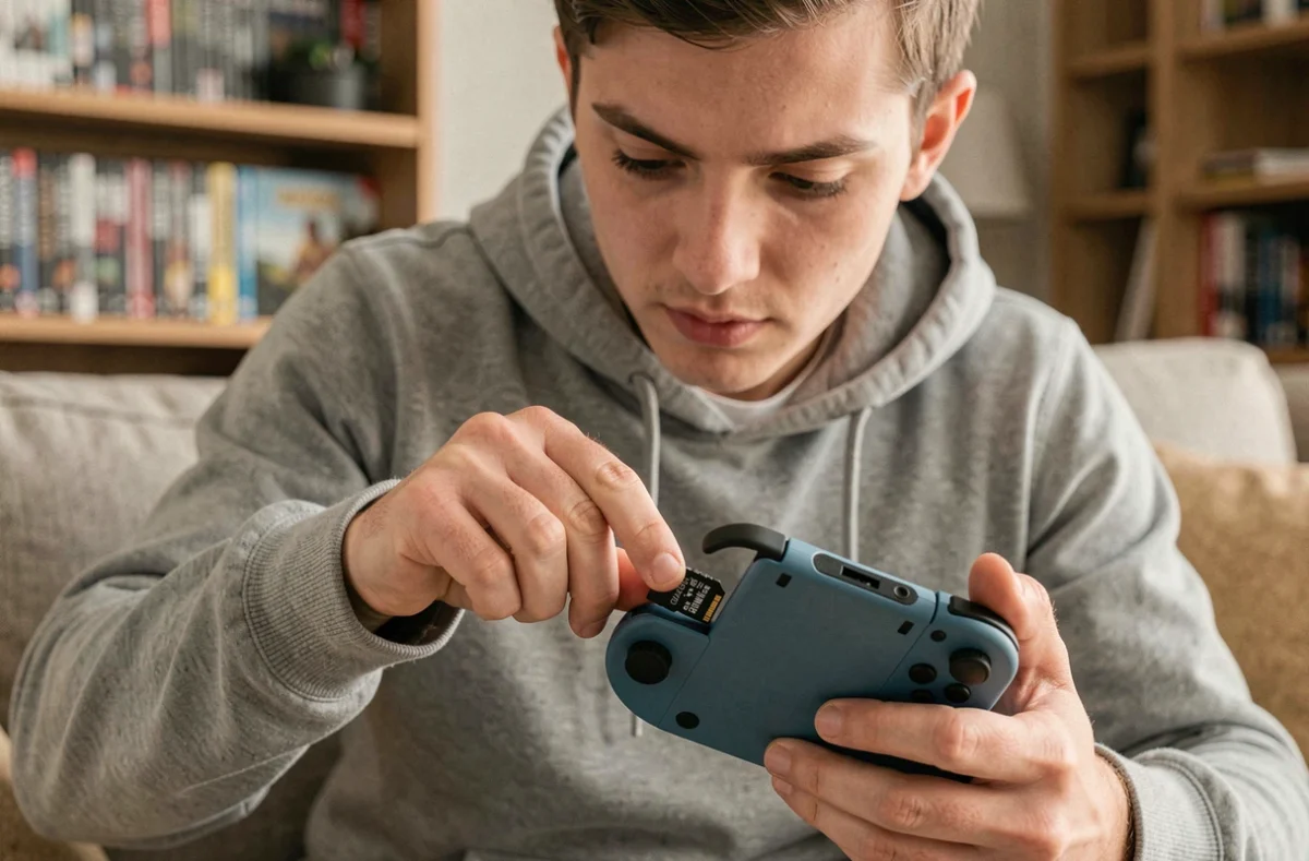 Homme insérant une carte microSD dans une Nintendo Switch dans un salon, gros plan sur les mains et la console