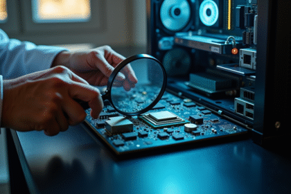 Technicien inspectant un processeur intel sur un ordinateur ouvert