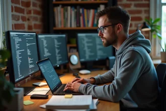 Développeur installant macOS via un terminal sur un PC assemblé, environnement bureau à domicile avec documentation technique et clés USB