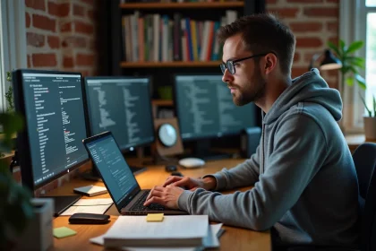 Développeur installant macOS via un terminal sur un PC assemblé, environnement bureau à domicile avec documentation technique et clés USB