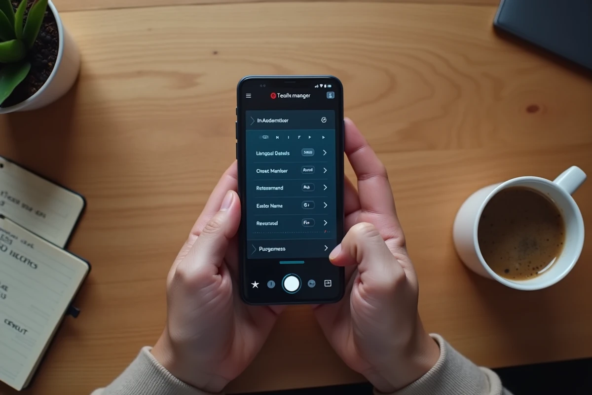 Interface de gestion de cheats en jeu sur smartphone avec toggles et codes notés à la main sur bureau en bois