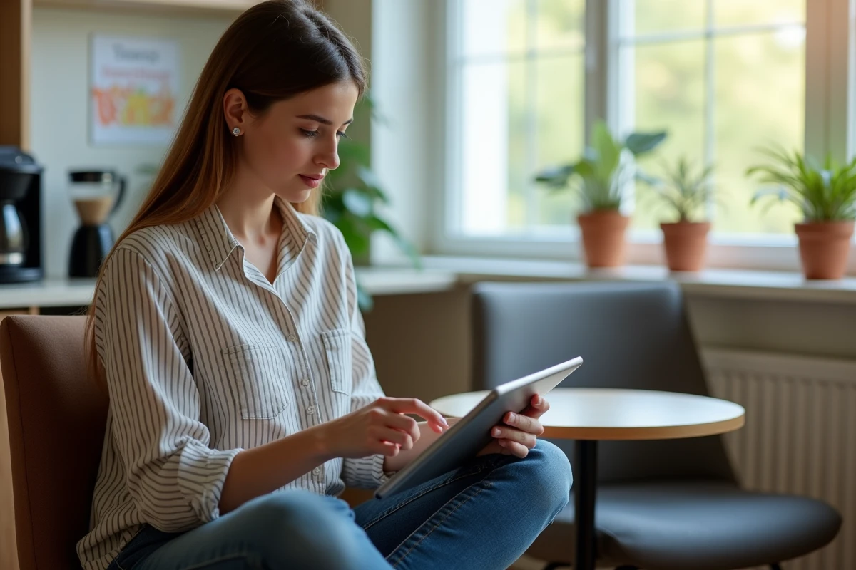 Jeune enseignante configurant la synchronisation de son webmail académique de Normandie sur une tablette dans la salle de pause