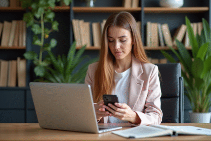 Jeune femme concentrée au bureau avec ordinateur et smartphone