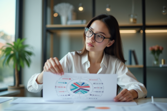 Jeune femme professionnelle pointant un diagramme web dans un bureau lumineux