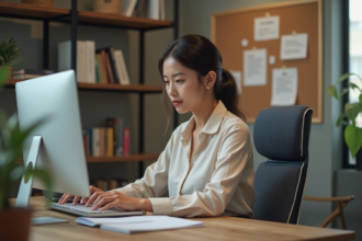 Jeune femme concentrée travaillant sur son ordinateur dans un bureau moderne
