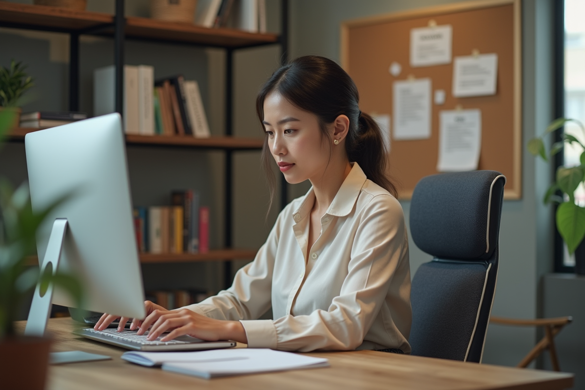 Jeune femme concentrée travaillant sur son ordinateur dans un bureau moderne