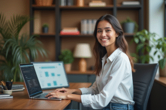 Jeune femme souriante travaillant sur un ordinateur dans un bureau cosy