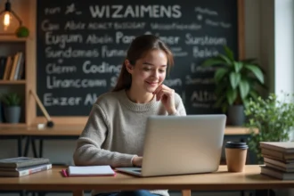 Jeune femme concentrée travaillant sur son ordinateur dans un bureau cosy