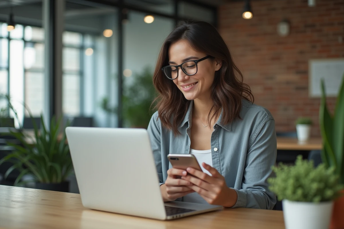 Jeune femme en coworking utilisant un ordinateur portable