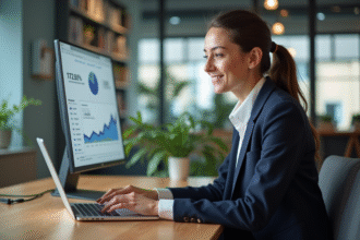 Jeune femme en blazer travaillant sur un ordinateur en open space