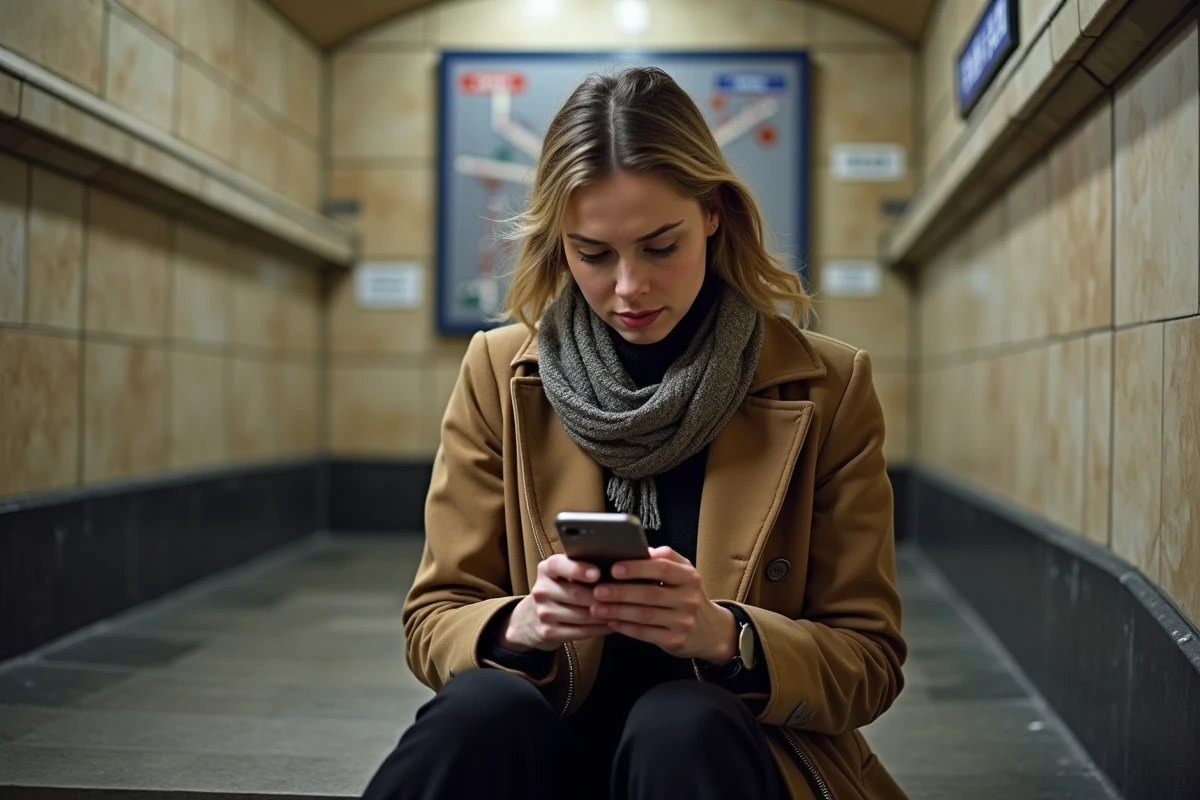 Jeune femme assise devant une entrée de métro parisien