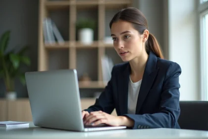 Jeune femme en costume bleu dans un bureau moderne