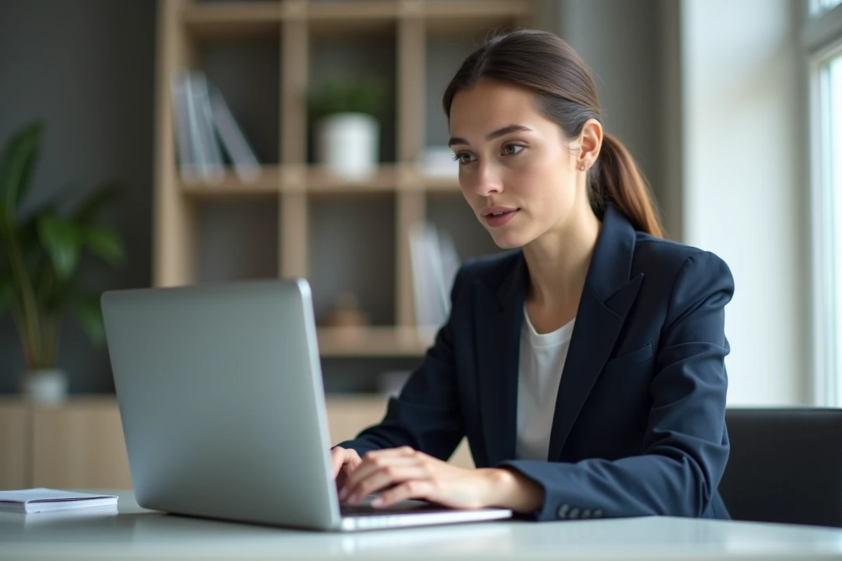 Jeune femme en costume bleu dans un bureau moderne
