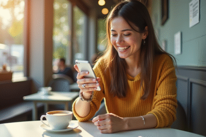 Jeune femme souriante utilisant un smartphone avec une appli de rencontre