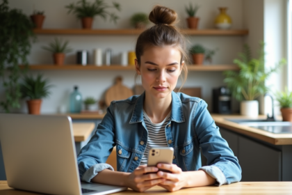 Jeune femme concentrée sur son smartphone dans une cuisine moderne