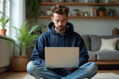 Jeune freelancer concentré sur son ordinateur dans un salon moderne