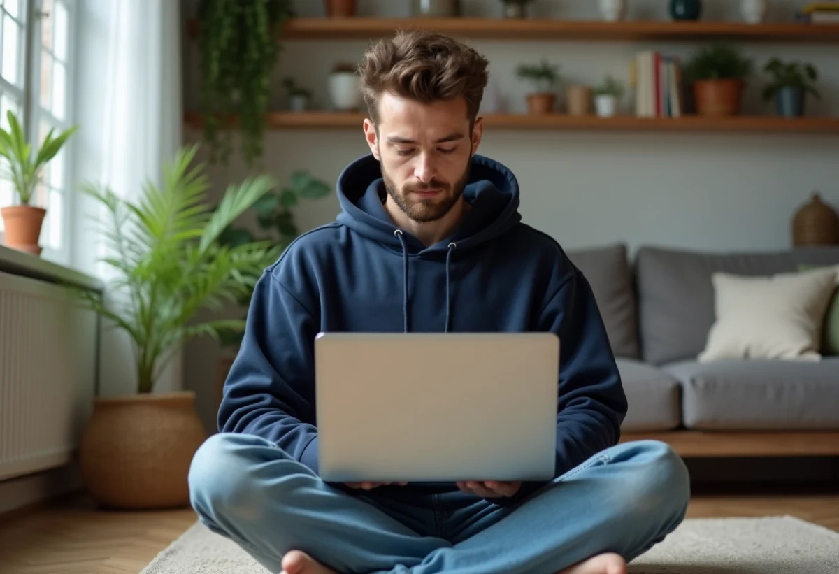 Jeune freelancer concentré sur son ordinateur dans un salon moderne