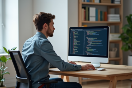Jeune homme en bureau étudiant un tableau de données