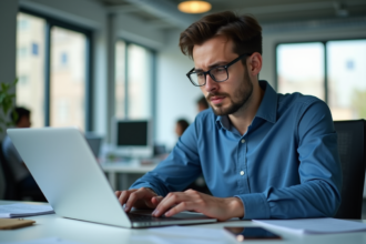 Jeune homme en bureau regardant son écran d'ordinateur