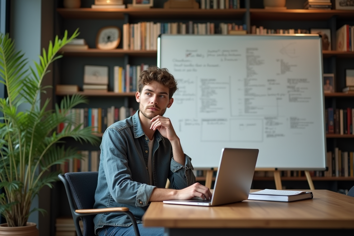 Jeune homme pensif travaillant sur son code informatique