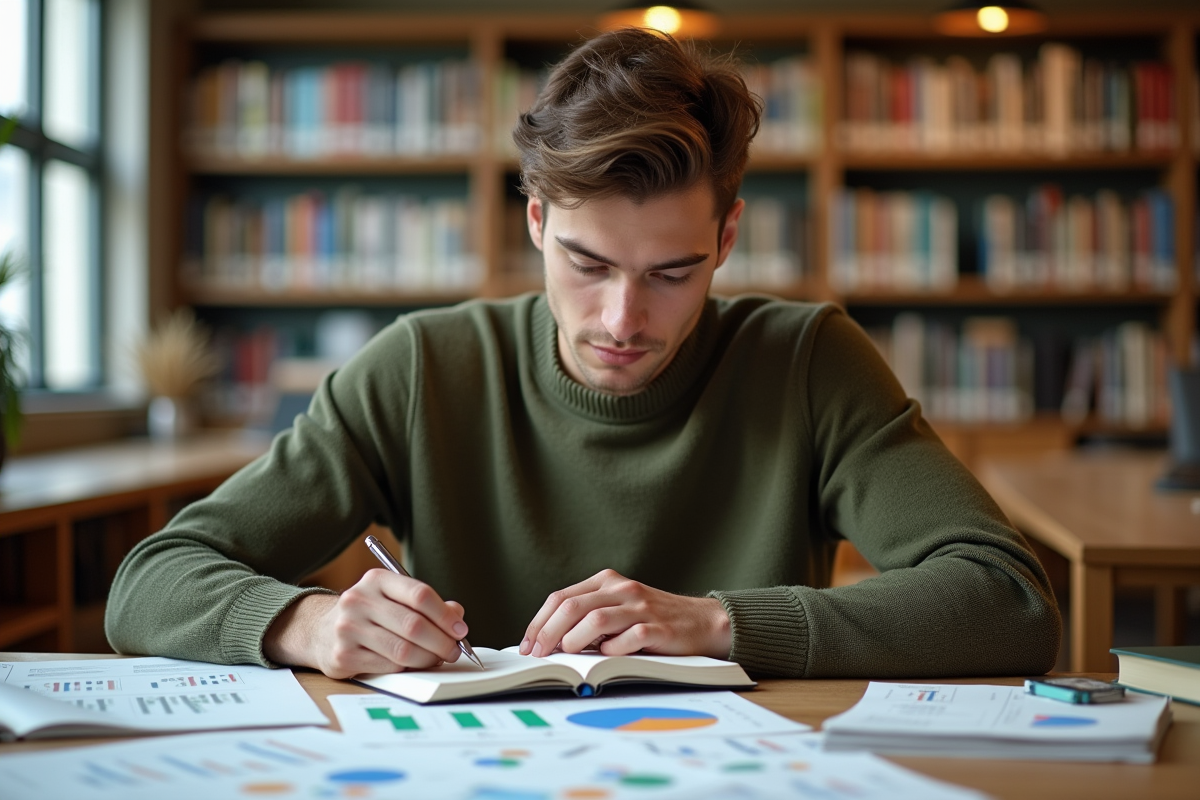 Jeune homme étudiant avec graphiques Excel dans une bibliothèque
