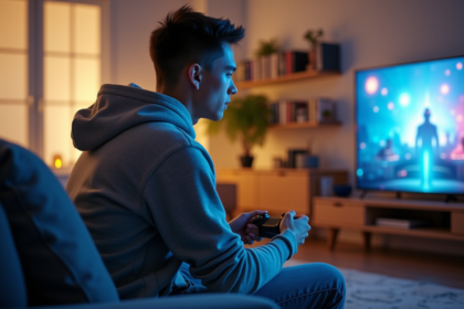 Jeune homme concentré jouant à une console dans un salon moderne