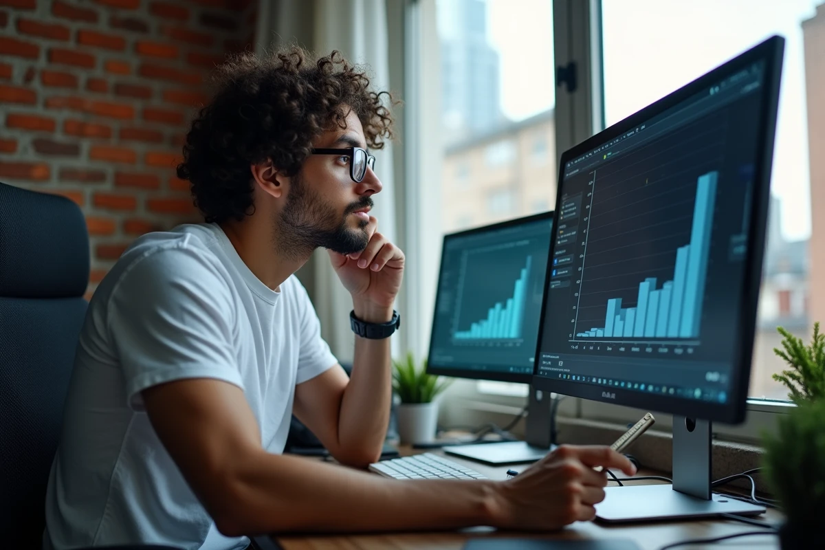 Jeune homme avec lunettes mesurant un écran double moniteur et analysant la définition en pixels dans un bureau urbain, illustrant le concept de résolution et densité de pixels