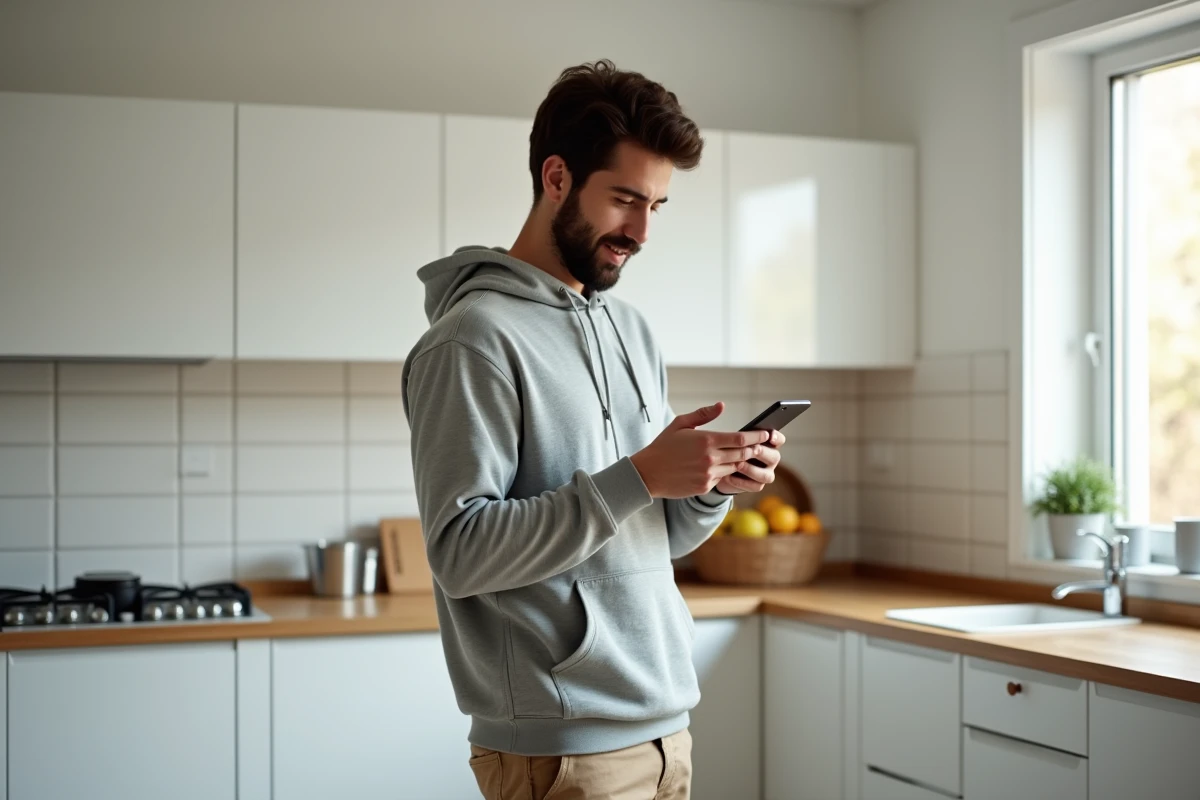 Jeune homme dans la cuisine vérifiant le stockage Android