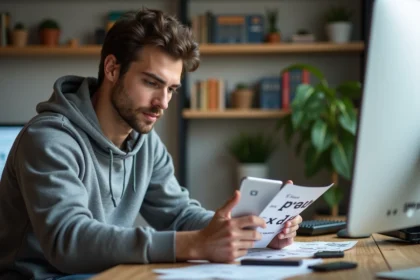 Jeune homme utilisant un smartphone dans un bureau à domicile