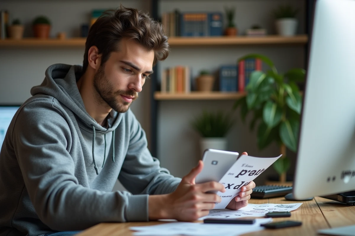 Jeune homme utilisant un smartphone dans un bureau à domicile