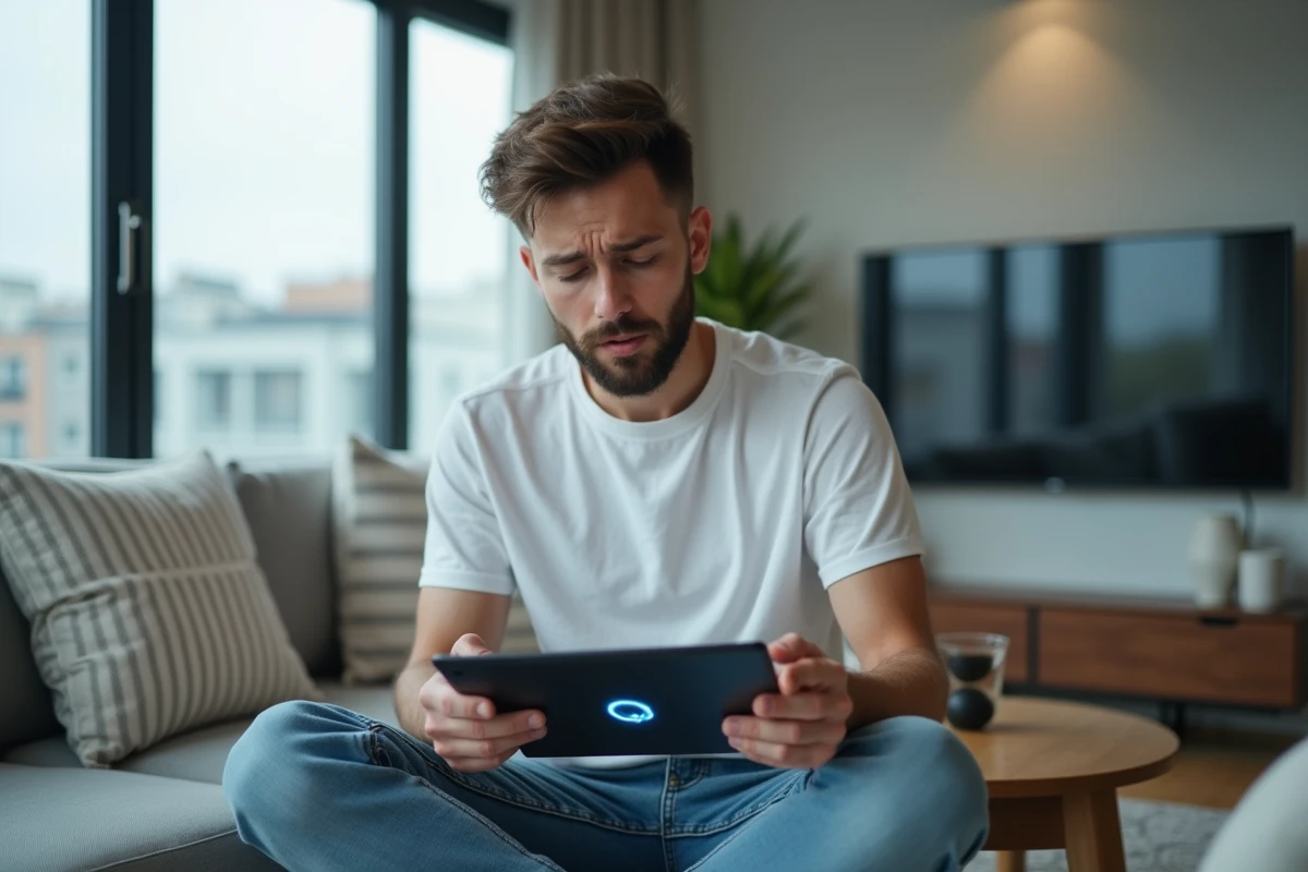 Jeune homme sur son canapé avec une tablette affichant un webmail Orange qui rame