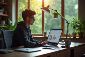 Jeune professionnel utilisant un VPN sur son ordinateur à domicile