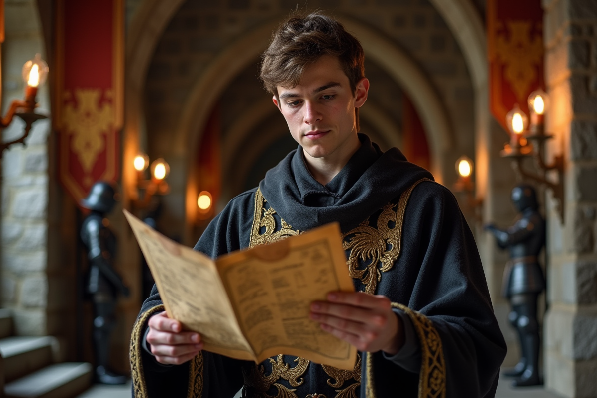 Jeune sorcier en robe dans un couloir de château ancien