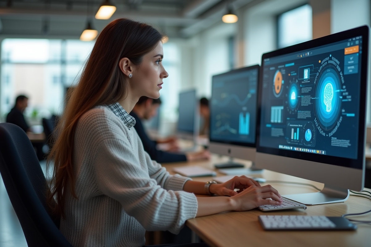 Jeune femme en code dans un espace de travail moderne et collaboratif