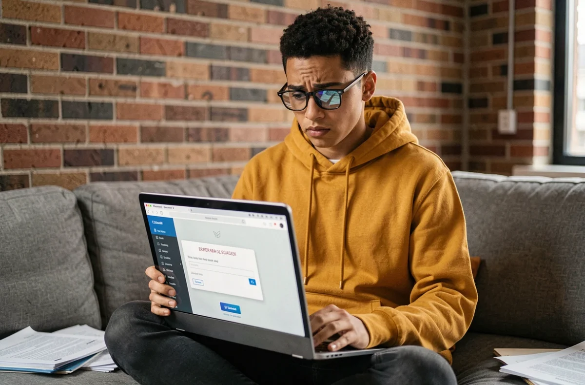 Jeune personne en télétravail face à un message d'erreur sur une interface webmail