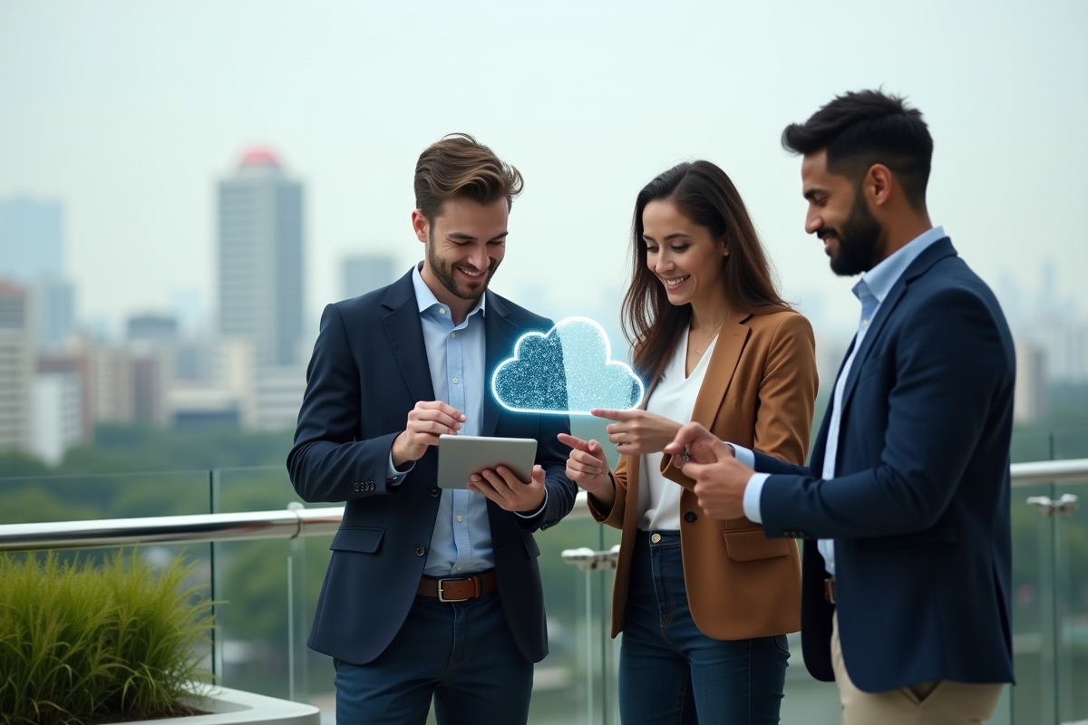 Groupe de jeunes professionnels partageant une tablette en extérieur