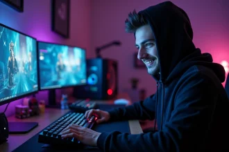 Joueur activant des cheats sur son PC gaming avec un clavier mécanique RGB dans une chambre setup gamer