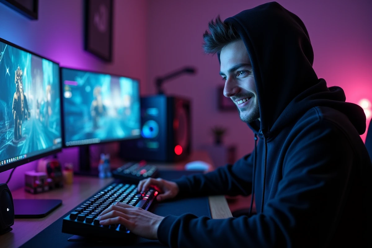 Joueur activant des cheats sur son PC gaming avec un clavier mécanique RGB dans une chambre setup gamer