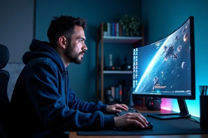 Joueur adulte devant un écran ultrawide 21/9 affichant l'interface d'un jeu spatial MMO comme Eve Online, configuration gaming immersive en 2026