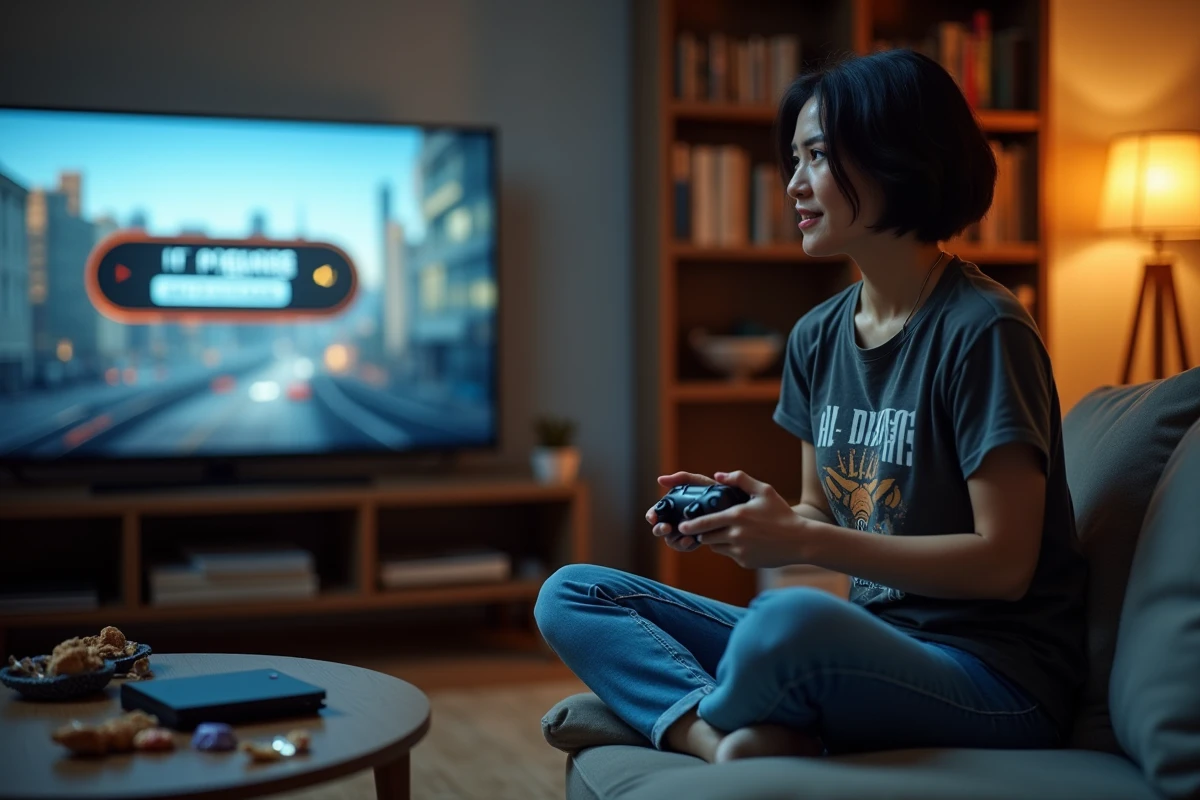 Joueuse sur canapé désactivant un cheat code depuis le menu pause d'un jeu vidéo sur TV