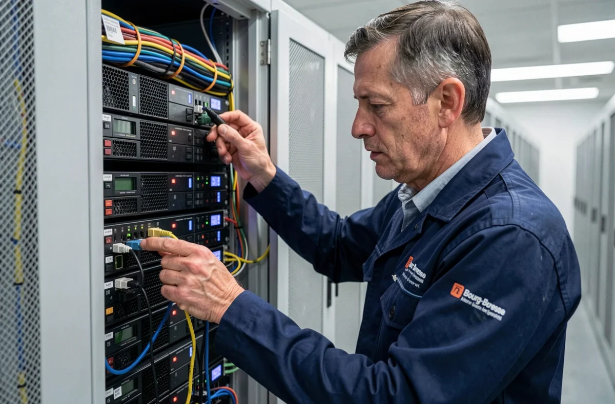 Technicien réseau de Koesio Bourg-en-Bresse installant des serveurs dans une armoire de datacenter