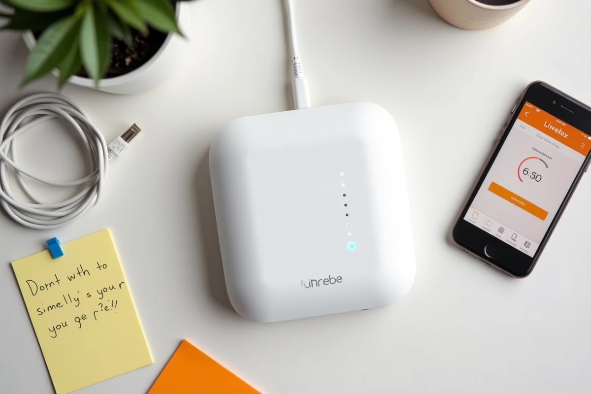 Vue en plongée de la Livebox avec voyant LED blanc entourée d'un câble ethernet et d'un smartphone affichant l'application Orange