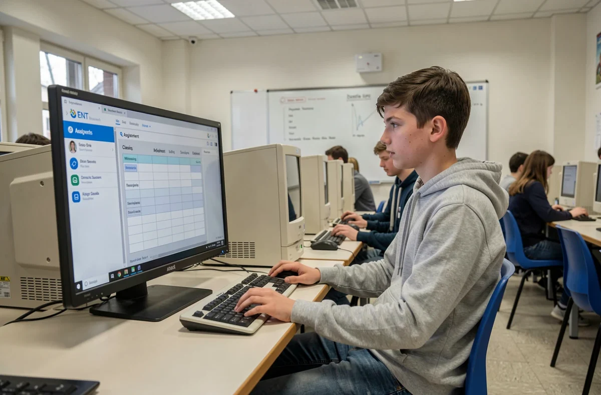 Lycéen accédant à l'ENT académique sur un ordinateur de la salle informatique de son établissement