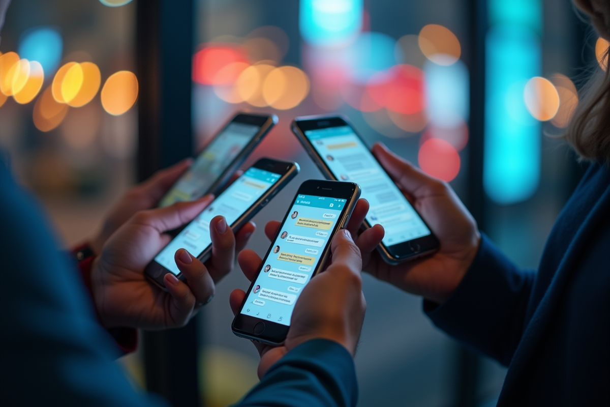 Mains tenant des smartphones affichant des conversations de messagerie