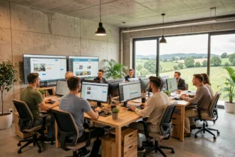 Vue d'ensemble d'une agence WordPress dans l'Ain avec une équipe de professionnels travaillant sur des projets web