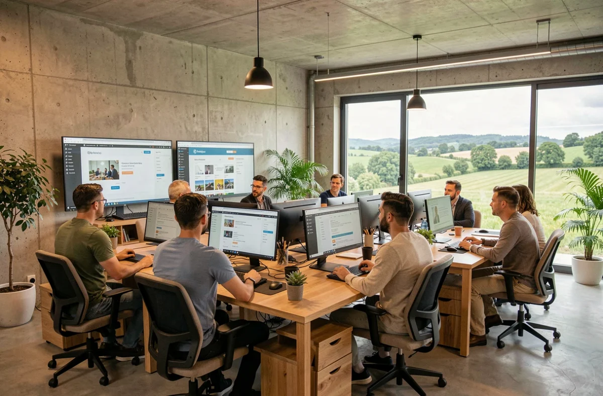 Vue d'ensemble d'une agence WordPress dans l'Ain avec une équipe de professionnels travaillant sur des projets web