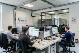 Vue d'ensemble d'un bureau de maintenance informatique professionnel dans l'Ain avec des techniciens travaillant sur des postes multi-écrans