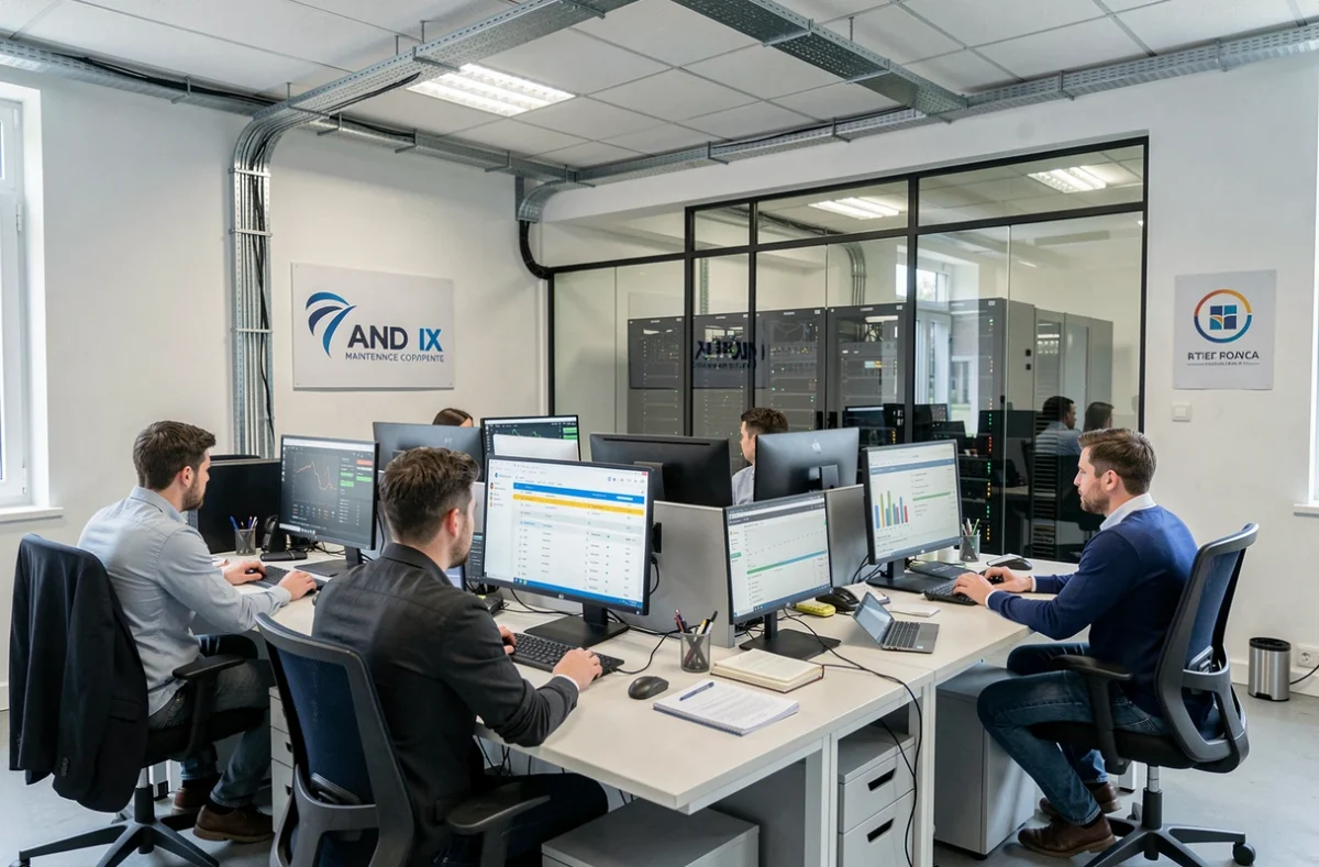 Vue d'ensemble d'un bureau de maintenance informatique professionnel dans l'Ain avec des techniciens travaillant sur des postes multi-écrans