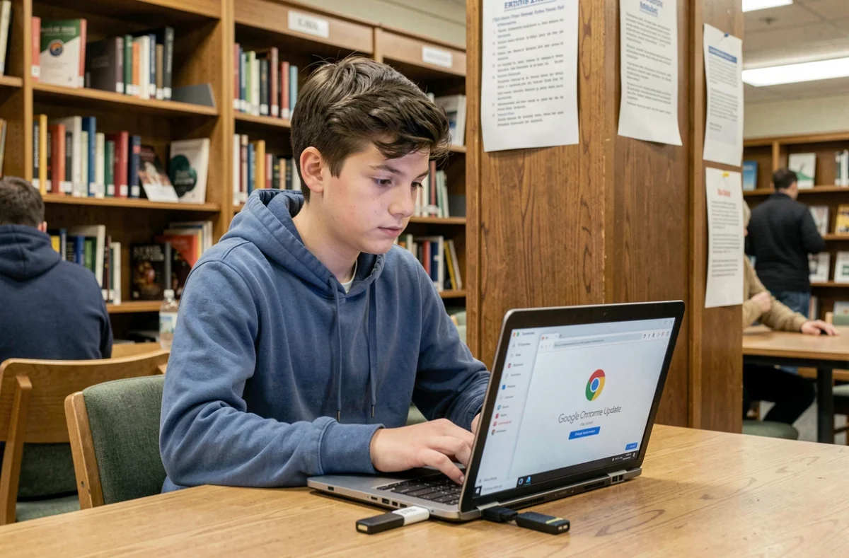 Adolescent effectuant une mise à jour Google via clé USB dans une bibliothèque publique